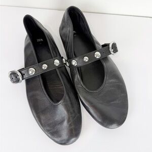 Zara Womens Black Leather Mary Jane Ballet Flats With Studs Size 41
